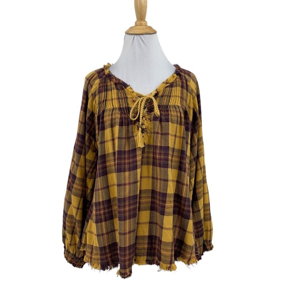 Sundance Shirt Womens S Small Plaid Boho Braided Tassel Balloon Sleeve Raw Hem